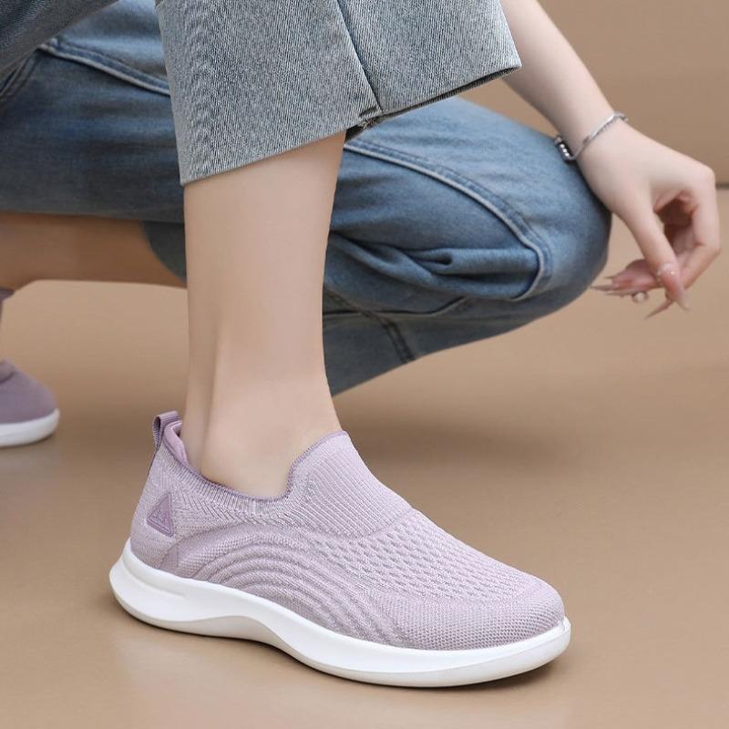 Модные Дышащие Сетчатые Женские Вязаные Кроссовки Легкие Нескользящие Удобные Повседневные Спортивные Туфли Летние Однотонные Низкие Кроссовки для Ходьбы