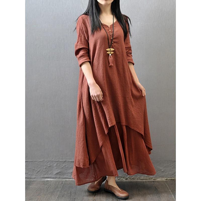Винтажное летнее бохо миди платье женское элегантное однотонное многослойное платье с длинным рукавом модное свободное повседневное платье с V-образным вырезом Vestidos