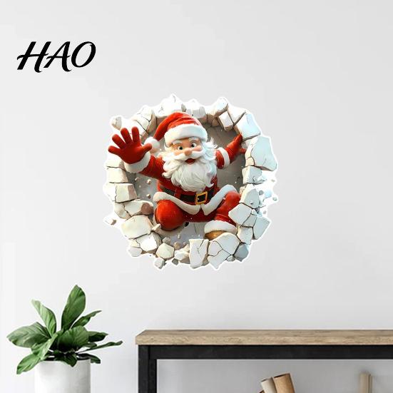 Self Adhesive Christmas Stickers for Door 3D Santa Wall Sticker, Decal, Realistic Breaking Through The Scratch Resistant Seasonal Decals Effect,