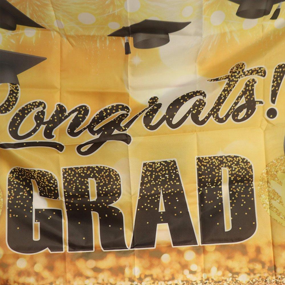 Congrats Grad Graduation Photography Backdrop Bachelor Hat Black Gold Glitter Happy Graduation Banner Celebrate Polyester