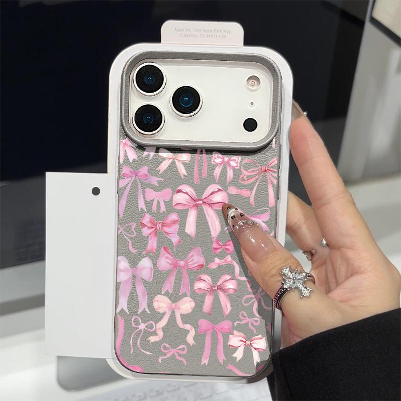 Чехол для телефона из ТПУ с текстурой кожи для iPhone 17 17e 16e 16 15 Pro Max 14 13 Pro Max 11 С рисунком в виде бантика Мягкая силиконовая задняя крышка