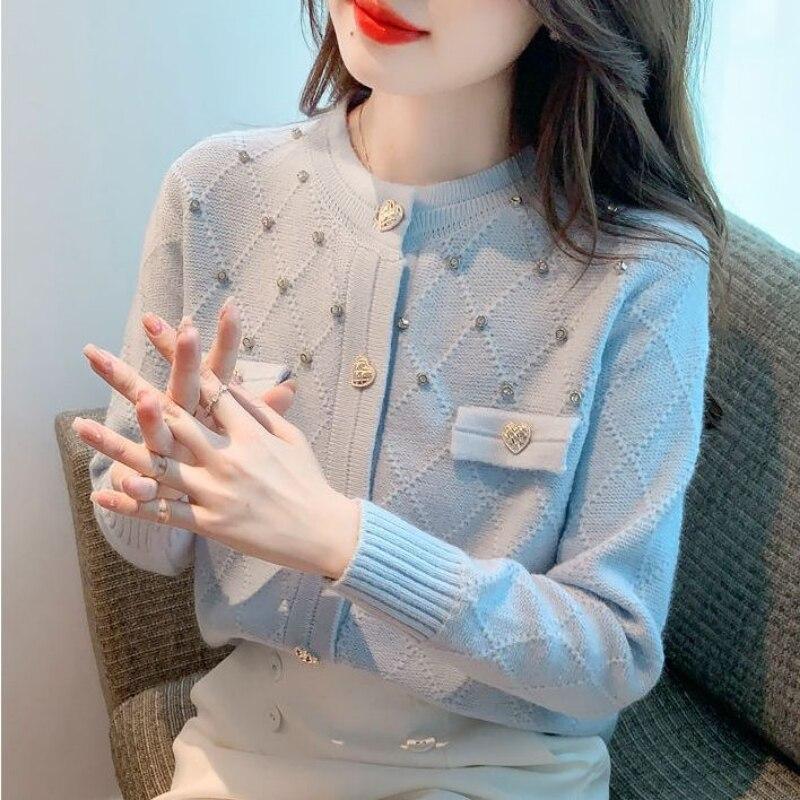 Sweet Cardigan Knitwear Women Autumn and Winter Coarse Knitted Sweater Coat with Diamond Long Sleeve O Neck Sweater Female
