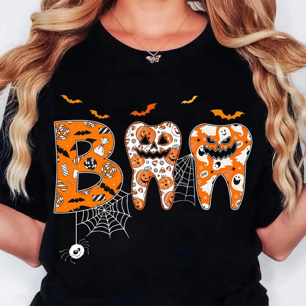 Dental Halloween T-shirt Fun Dental Teeth T-shirt Women's Manga Pattern Round Neck Top Harajuku T-shirt Women's Fashion Top