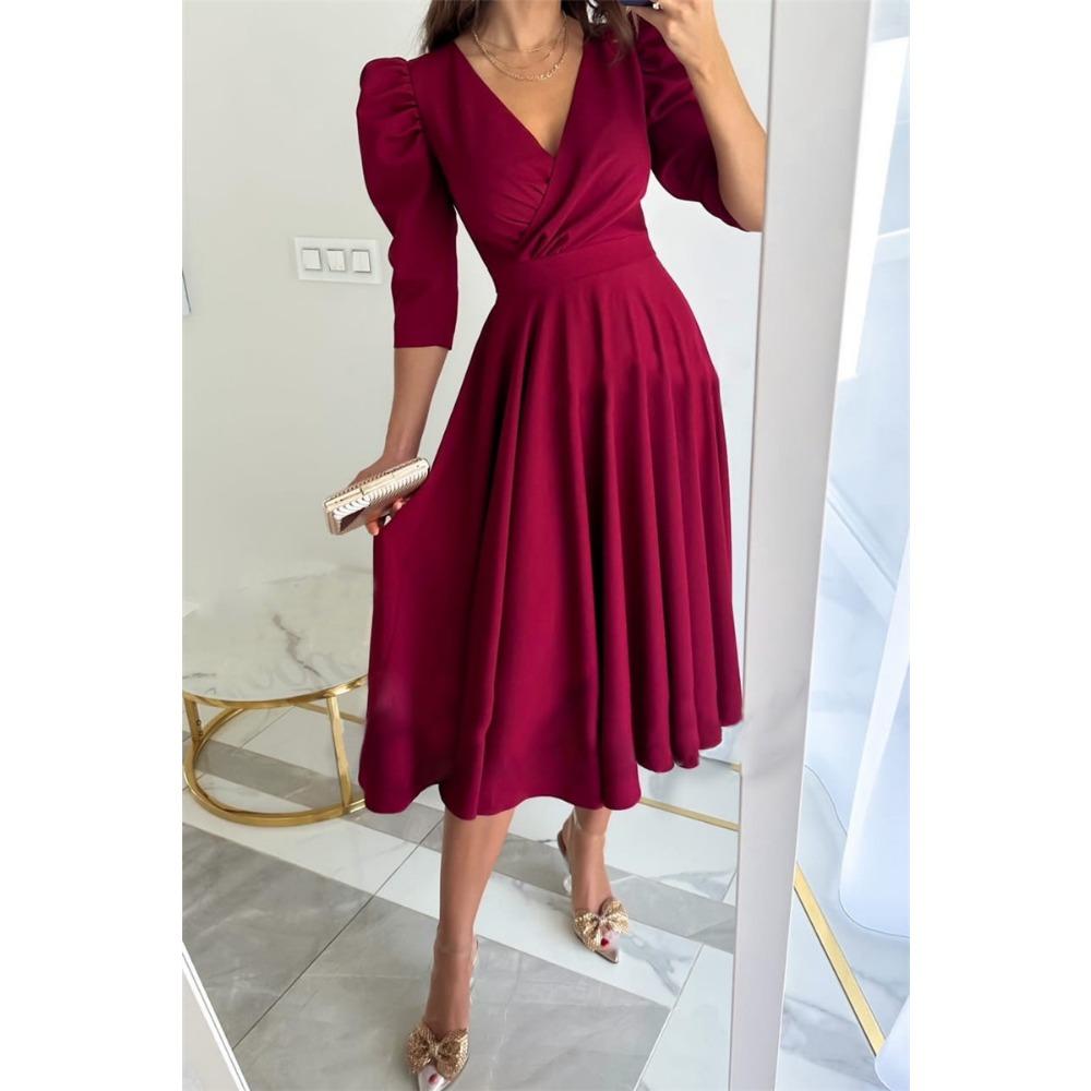 GMXIA Women's Fashion Spring Autumn Solid Color Print Long Sleeve V-Neck High Waist Casual Dresses
