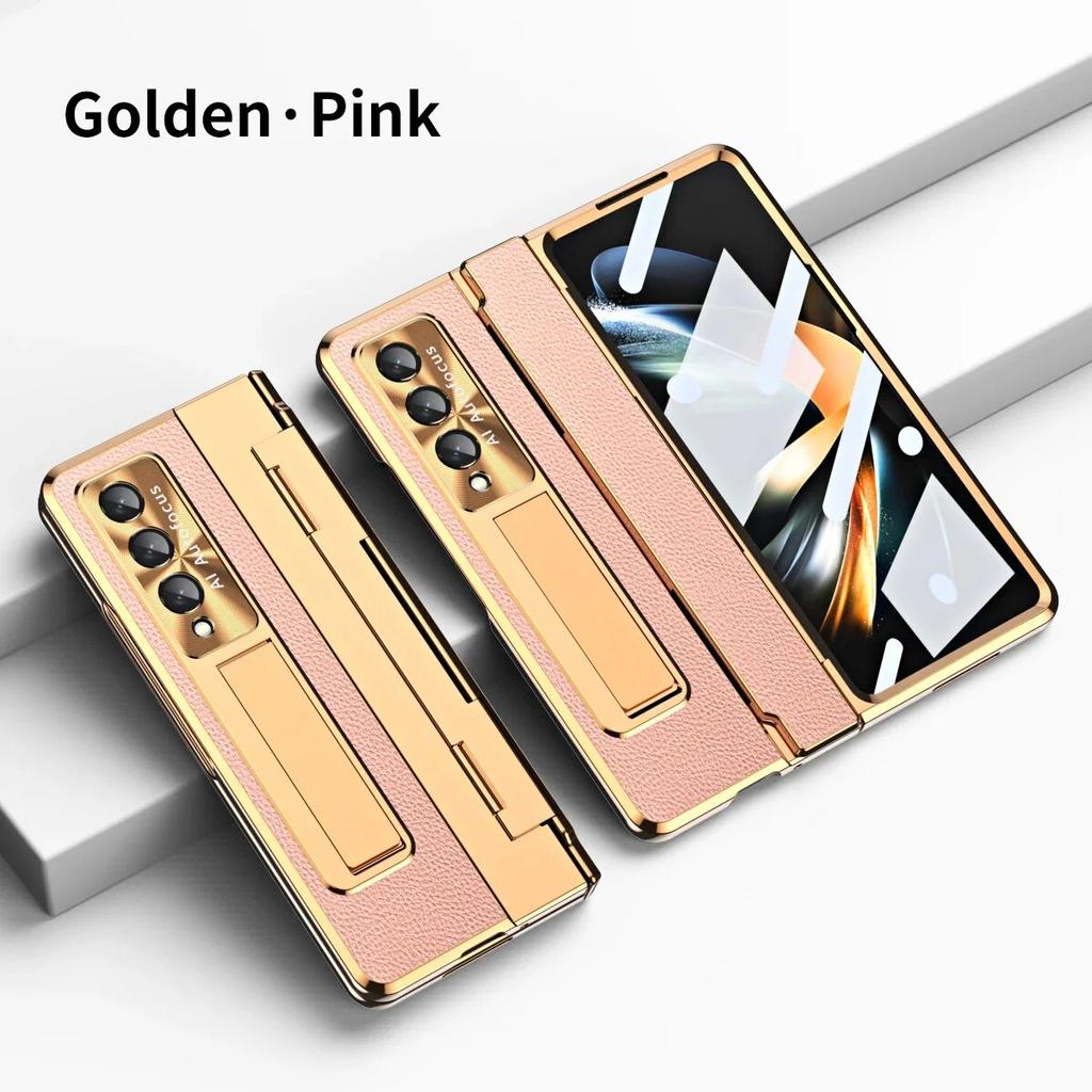 Простой кожаный чехол с уплощающимися шарнирами для Samsung Galaxy Z Fold 5 4 3 5G, чехол с закаленным стеклом для Z Fold4 Fold3, чехол