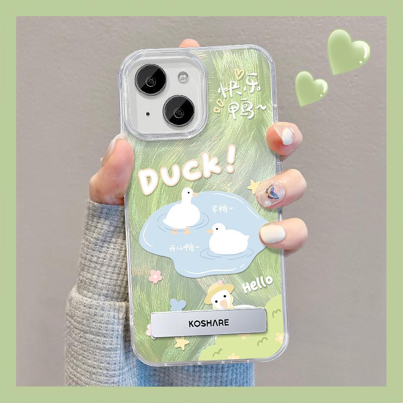 Suitable for Apple 15 Mobile Phone Case Summer Iphone14pro Cute Duck Bracket 13 Feather Yarn 12 High-end 8/7