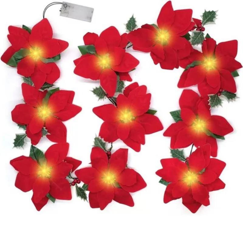 1 шт. 10/20 огней, рождественские цветы, украшения, гирлянды, гирлянды-искусственные украшения, декор для вечеринки в помещении/на открытом воздухе с красными ягодами, листьями падуба