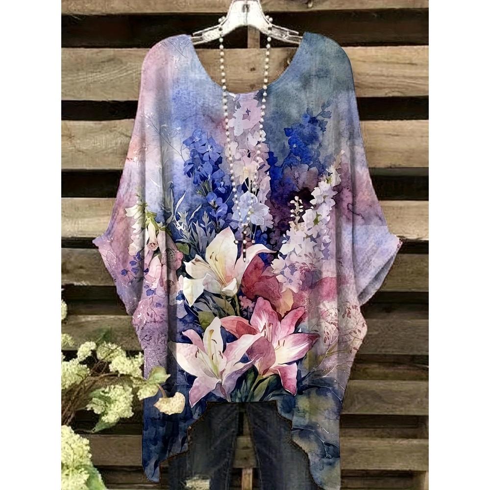 Женская летняя футболка в богемном стиле с цветочным принтом, винтажная, светло-фиолетовая, с графикой в стиле Y2k, с круглым вырезом, одежда, элегантная женская футболка с коротким рукавом