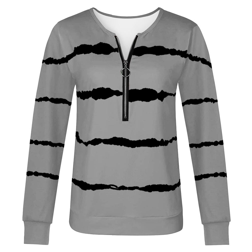 Women Casual Pringting Stripe Zipper Long Sleeve Casual Blouse Tops Shirts