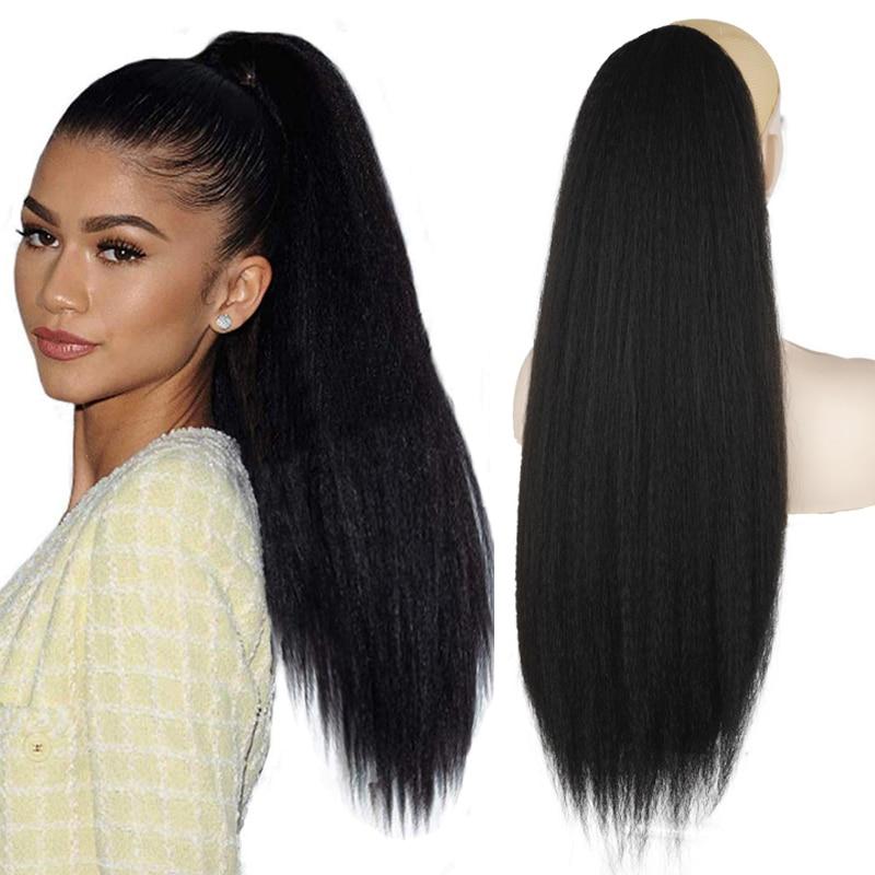 XINRAN Afro Kinky Straight Yaki Synthetic Ponytail Hairpieces With Elastic Band Comb Drawstring Ponytail Hair Extension Clip