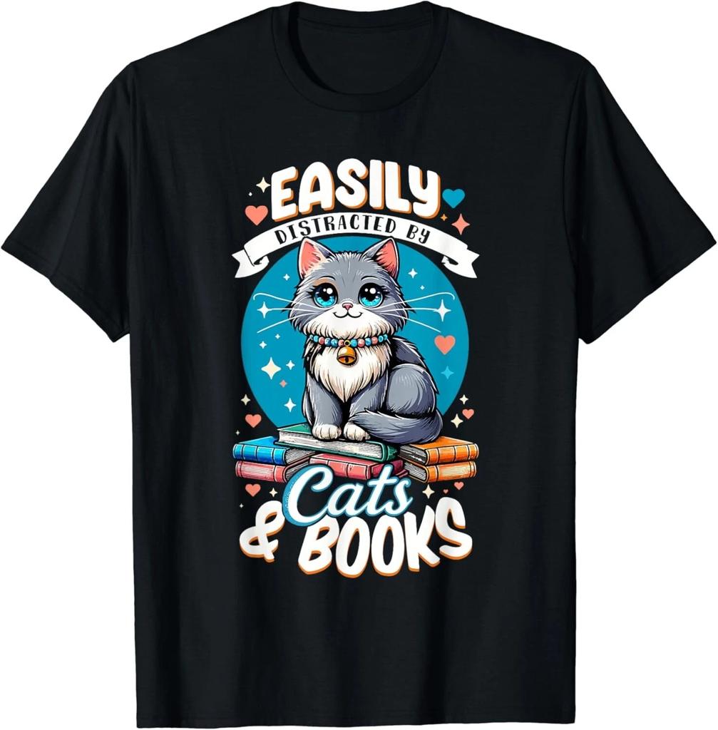 Easily Distracted By Cats and Books Shirt Bookworm Pet Lover Gift Unisex T-Shirt