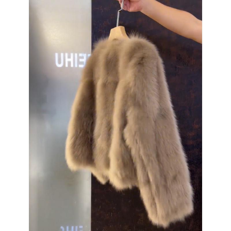 Women Faux Fox Fur Jacket, V Neck Horn Toggle Button Short Warm Winter Fluffy Fur Coat
