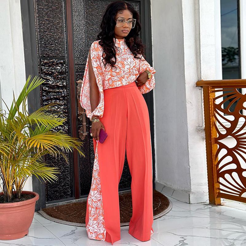 Women's Fashion Casual Flower Pattern Print Long Sleeve Half Turtleneck Trousers Pants Suits