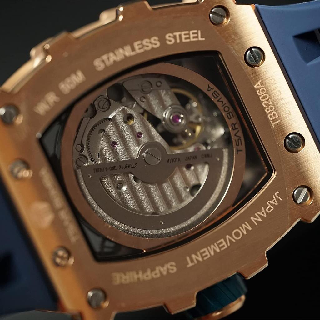 Часы TSAR BOMBA Business 50M Водонепроницаемые скелетонированные часы Стильные наручные часы из нержавеющей стали с циферблатом-бочкой для мужчин Светящийся японский механизм синего цвета