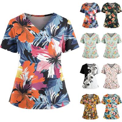 Женский повседневный топ с принтом, V-образным вырезом, карманом, боковым разрезом и короткими рукавами