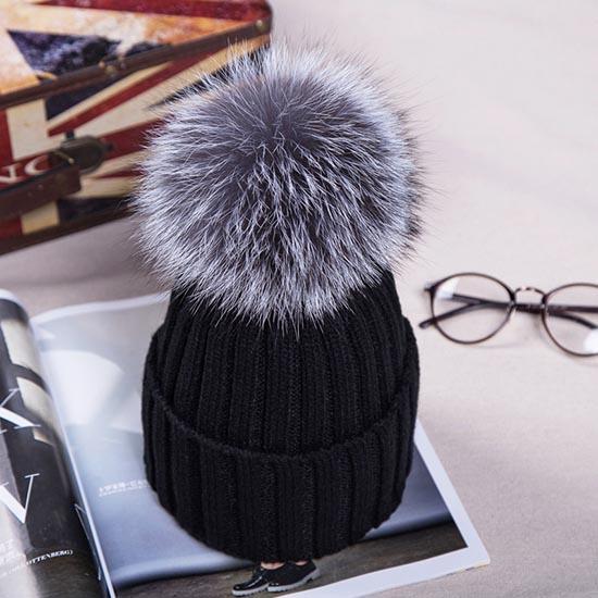 Detachable Faux Mink Silver Fox Fur Ball Cap Pom Poms Winter Hat for Women Girl 's Hat Knitted Beanies Cap