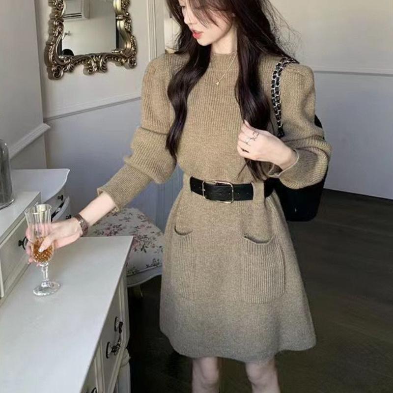 Женское трикотажное платье большого размера в корейском стиле, модное, зимнее, осеннее, с чувством дизайна, с облегающей талией, базовый слой, юбка, трендовое