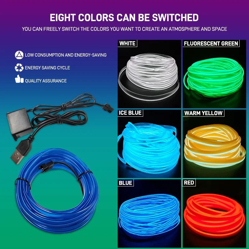 Светодиодная EL-неоновая лента для салона автомобиля, USB, гибкая, атмосферная подсветка, 3 м / 5 м опционально, лампа для DIY-оформления салона автомобиля