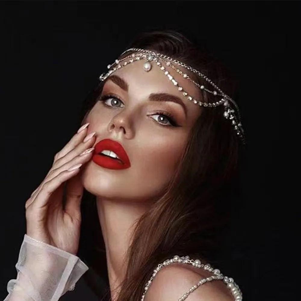 Full Rhinestone Head Chain Headpiece Pearls Tassel Crystal Meshes Headbands Hair Accessories