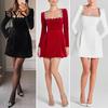 Long Sleeve Mini Dress Women Square Collar Beaded Flower Decor Formal Short High Waist Above Knee Length