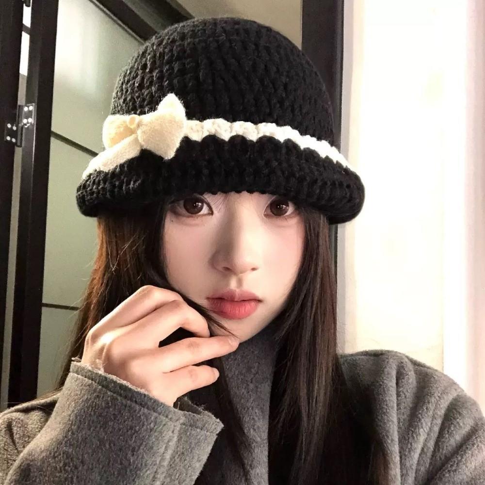 Hand-Knitted Bucket Hat 3D Bow Crochet Beanie Hat Elegant Knitted Basin Hat