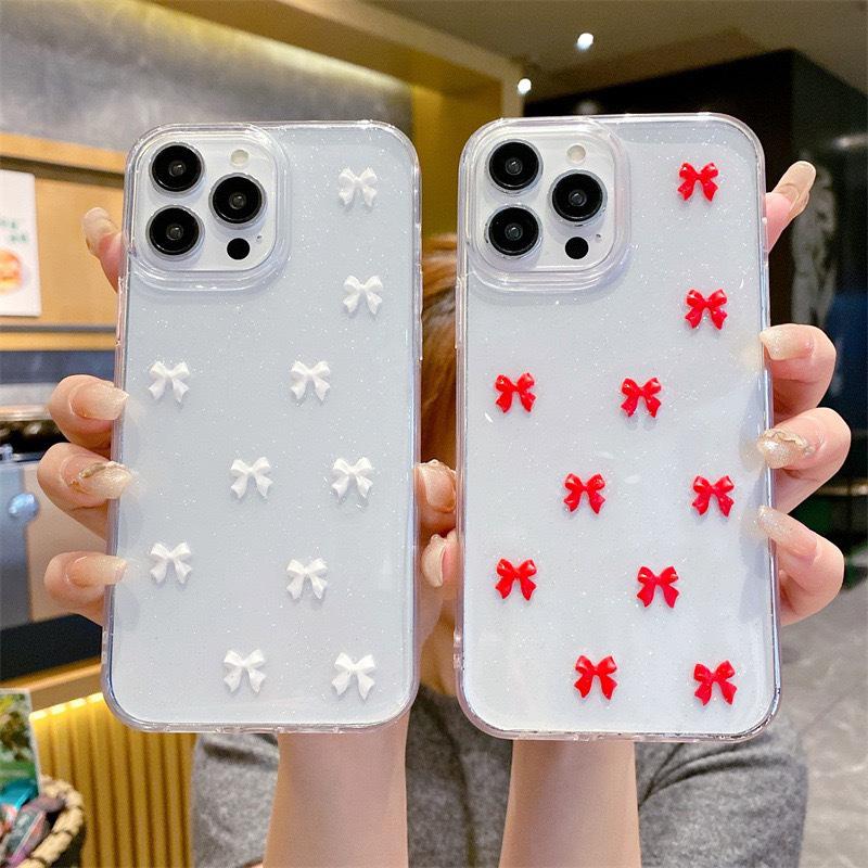 Блестящий Розовый Маленький Бант Чехол для Телефона для IPhone17promax Маленький Свежий Стиль для Apple 16 Прозрачный Противоударный 15