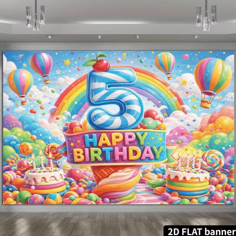 2D Sweet Candy 5th Birthday Backdrop, Rainbow Cake Lollipop Photography Background Banner