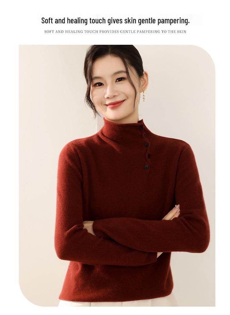 Winter 2025: Loose Casual Wool Sweater with Half-High Collar & Rolled Hem