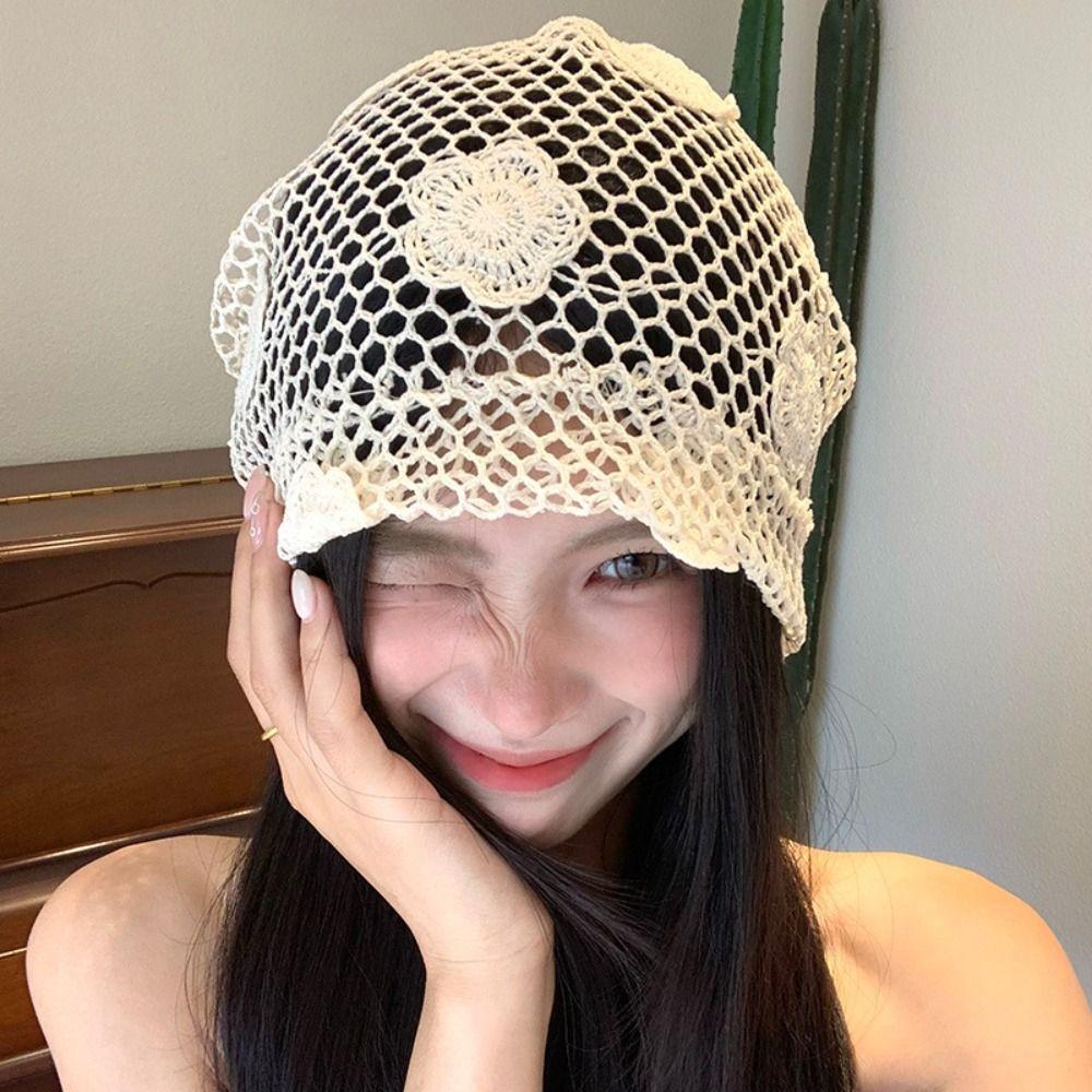 Hollow Out Crochet Flower Hat Cute Weave Cap Sweet Flower Knitted Hat Apparel Accessories