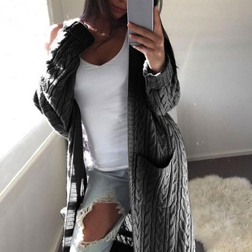 Женская мода повседневная карман вязаный свитер с длинным рукавом кардиган пальто
