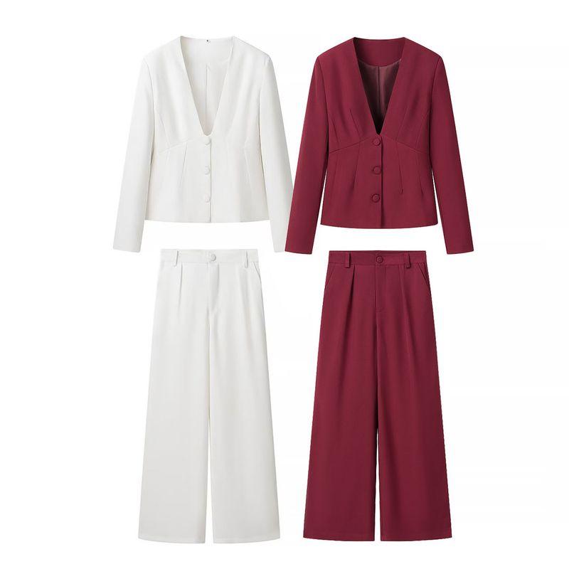 Kaslead New Arrival Women's Clothing Fashion Style Fashion Minimalist V-neck Suit Tops Casual Straight Pants Suit