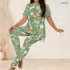 Women Plus Size White Hot Pink Floral Printed Two Piece Set Round Neck Short Sleeve Longline Top Fitted Long Pants