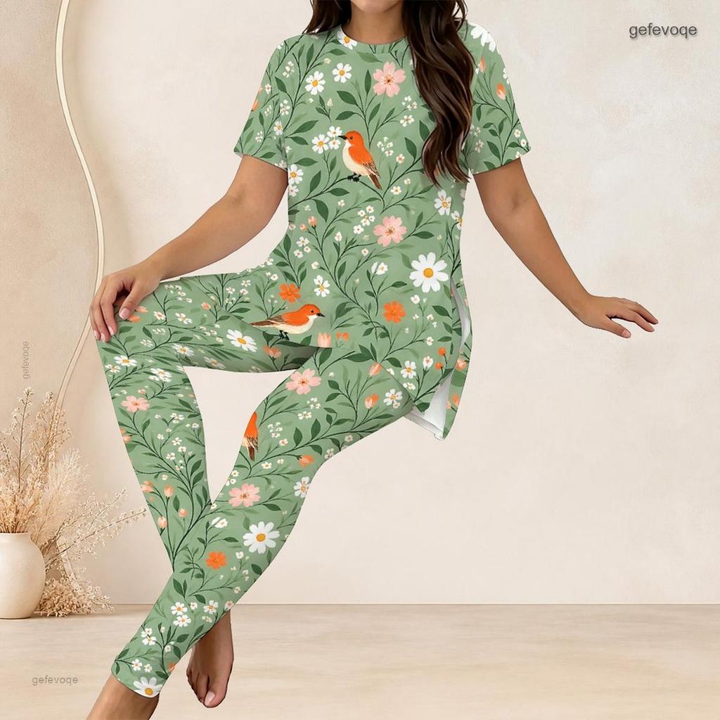 Women Plus Size White Hot Pink Floral Printed Two Piece Set Round Neck Short Sleeve Longline Top Fitted Long Pants