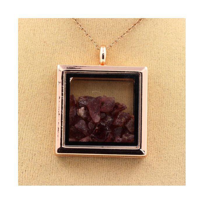 Stones and Minerals. Raw Rhodolite Garnet Necklace. Square Model. Color Rose Gold.