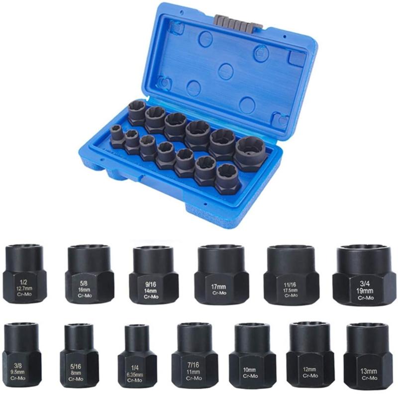 13Piece Multifunctional Impact Bolt Nut Remover Set Nut Extractor Socket Bolt Remover Tool with Storage Box 6.35-19mm