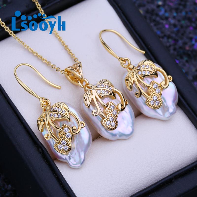 LSOOYH Ожерелье из натурального пресноводного жемчуга в стиле барокко, квадратный кулон, модные серьги-подвески для женщин, наборы ювелирных украшений с жемчугом