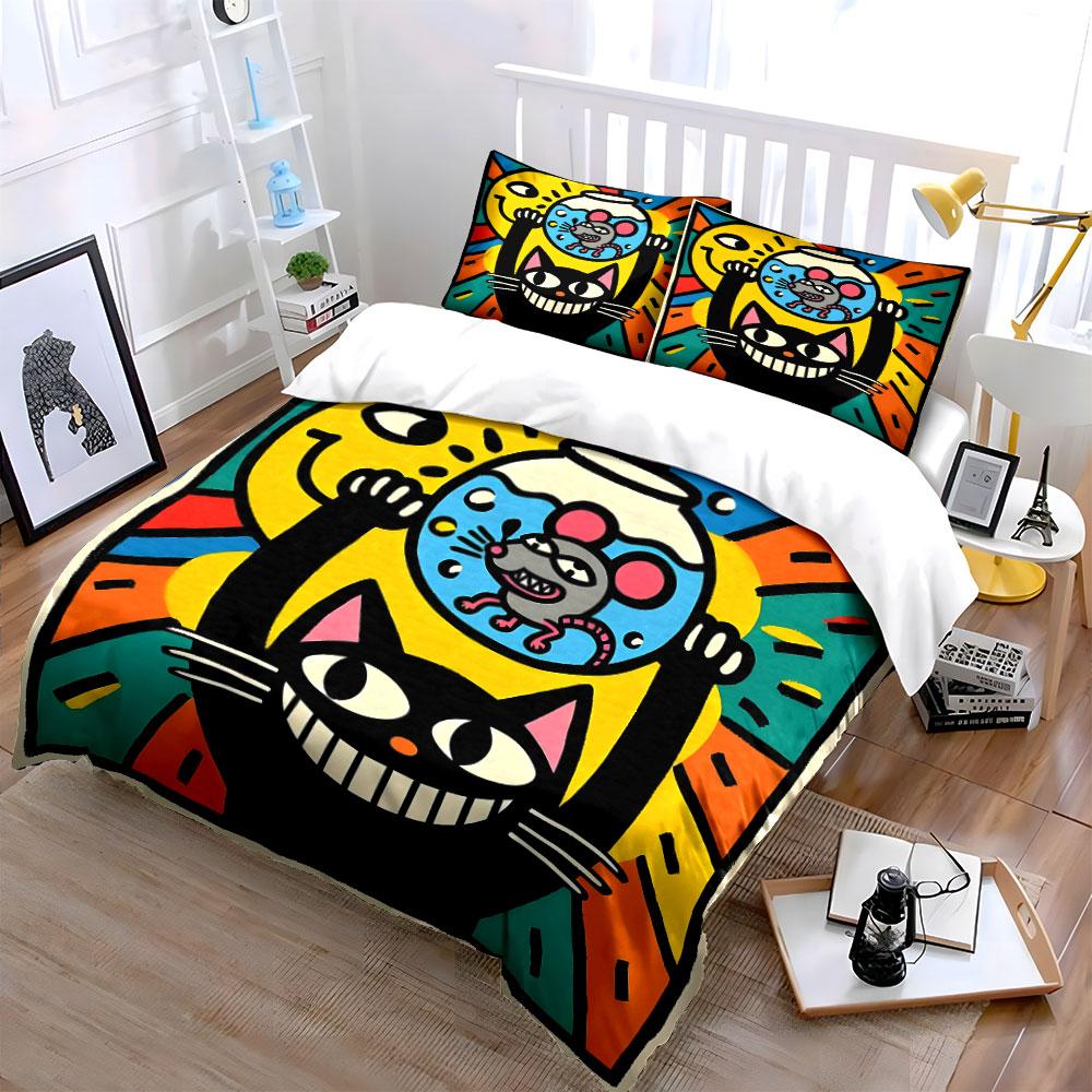 Black cat and mouse in fishbowl artwork Print Bedding Set 1 Duvet Cover 2 Pillowcases for Adult and Children Luxury Gift