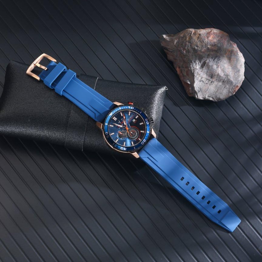 BUREI Men's Analog Chronograph Quartz Watch with Blue Urethane Strap, Waterproof, Date Display, Gift