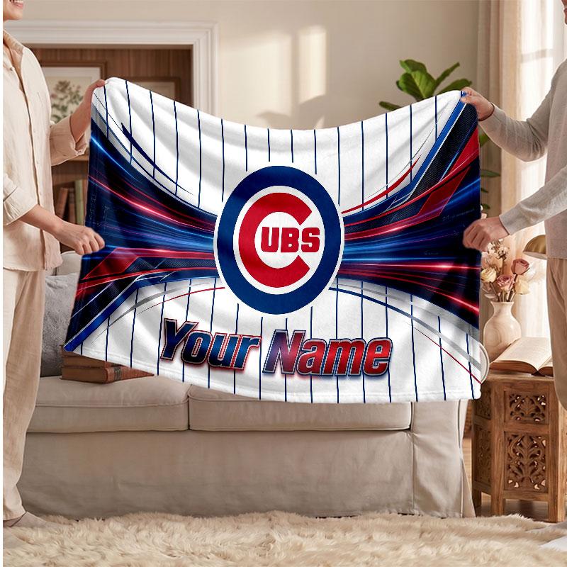 Chicago Cubs Flannel Blanket, Custom Name Text Personalized Soft Throw Blanket Home Decor Gift