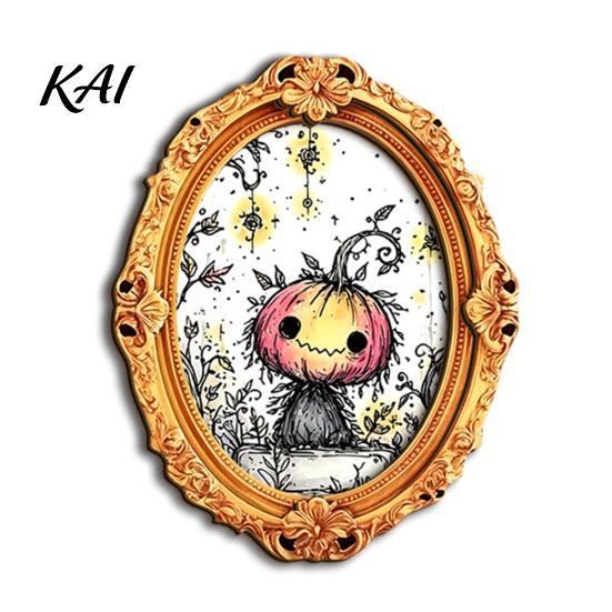 Festive Fridge Magnet Halloween Wooden Frame Refrigerator Magnet, Retro Oval Ghost Illustration Pumpkin Magnetic Decoration for Kitchen Easy Install