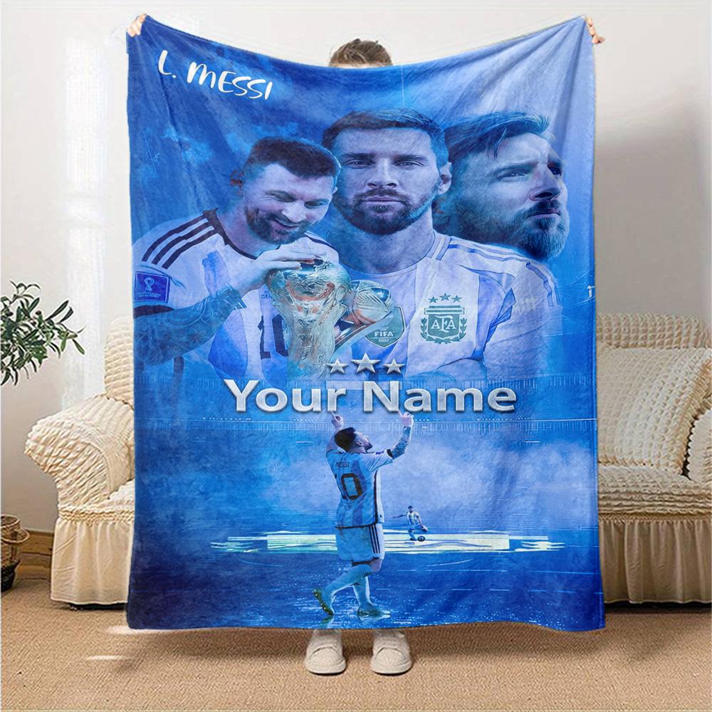 Football Messi Personalized Text Blanket Multi-purpose Personalized Blanket Soft & Cozy Perfect for Living Room Office Couch Bedding