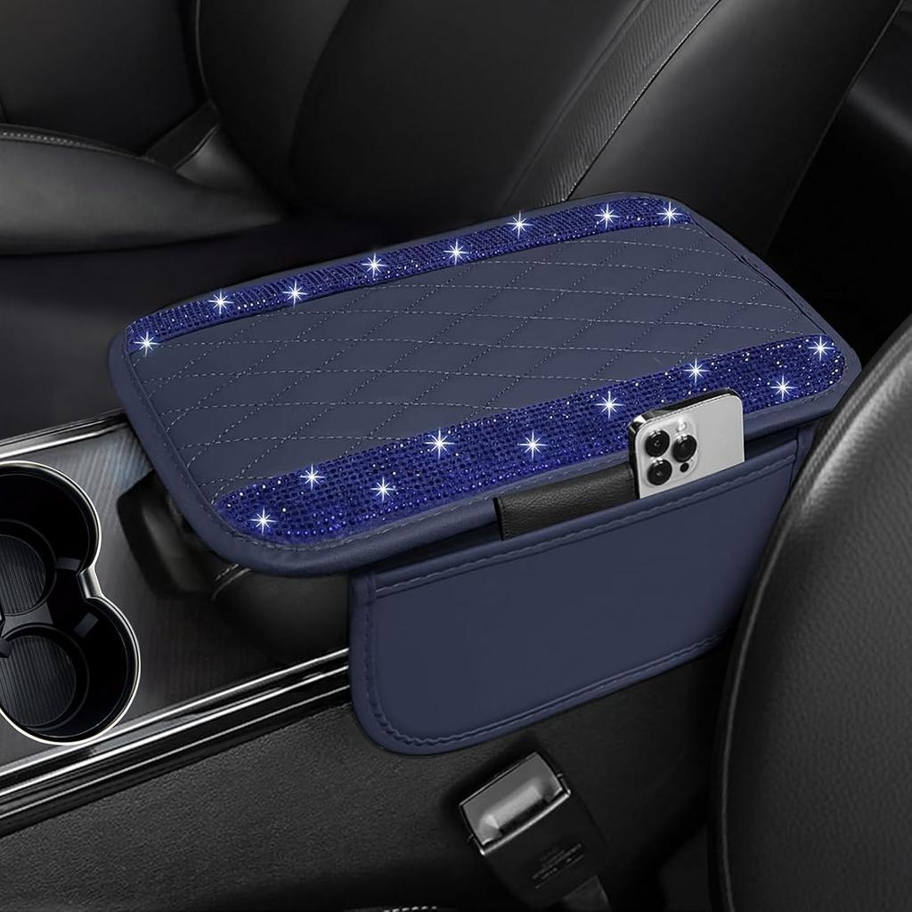 NBTEPEM Shiny car center console cover,Leather car armrest cover pad,Belt 2 A storage bag,General Automobile Armrest Protector Storage Box,Shiny