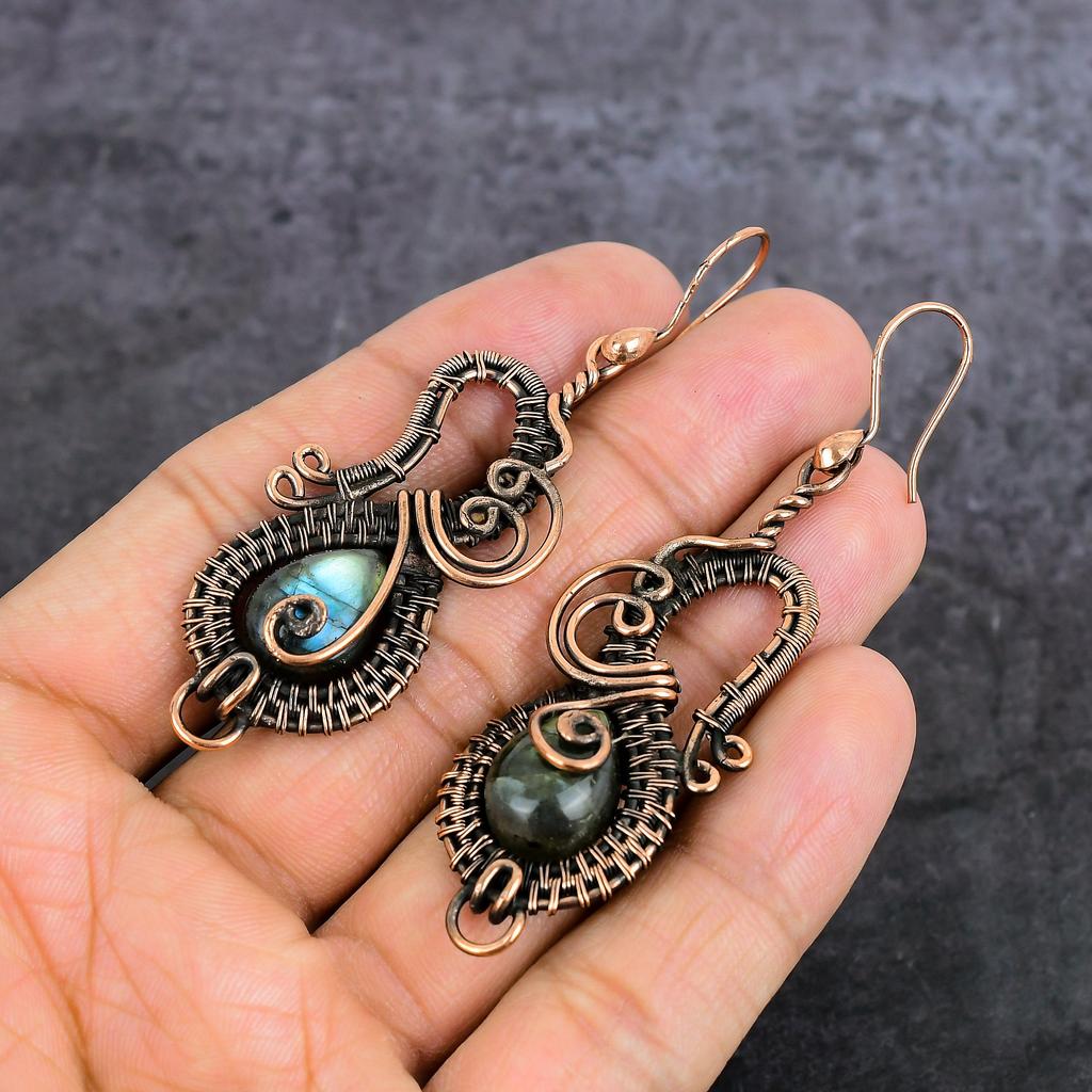 Лабрадорит Ручная работа Медная проволока Оплетка Ювелирное изделие Серьга 2,99" K3G87