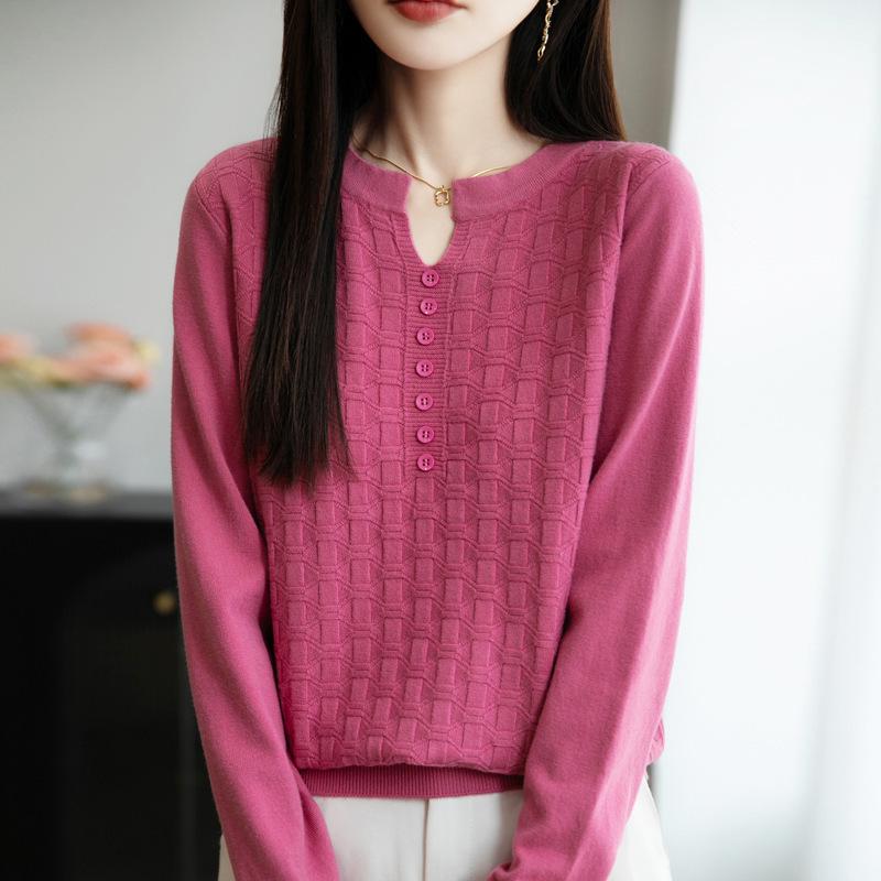 New Andy Velvet V-Neck Seven-Button Jacquard Knit Pullover: Stunning Autumn & Winter Women's Base Layer Shirt.