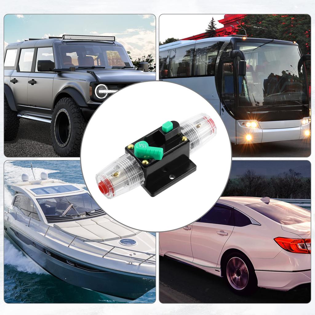 uxcell Автомобильный автоматический выключатель с ручным сбросом, встроенный держатель предохранителя, защита постоянного тока 12 В - 48 В 15 А, черный, зеленый, 2 шт.