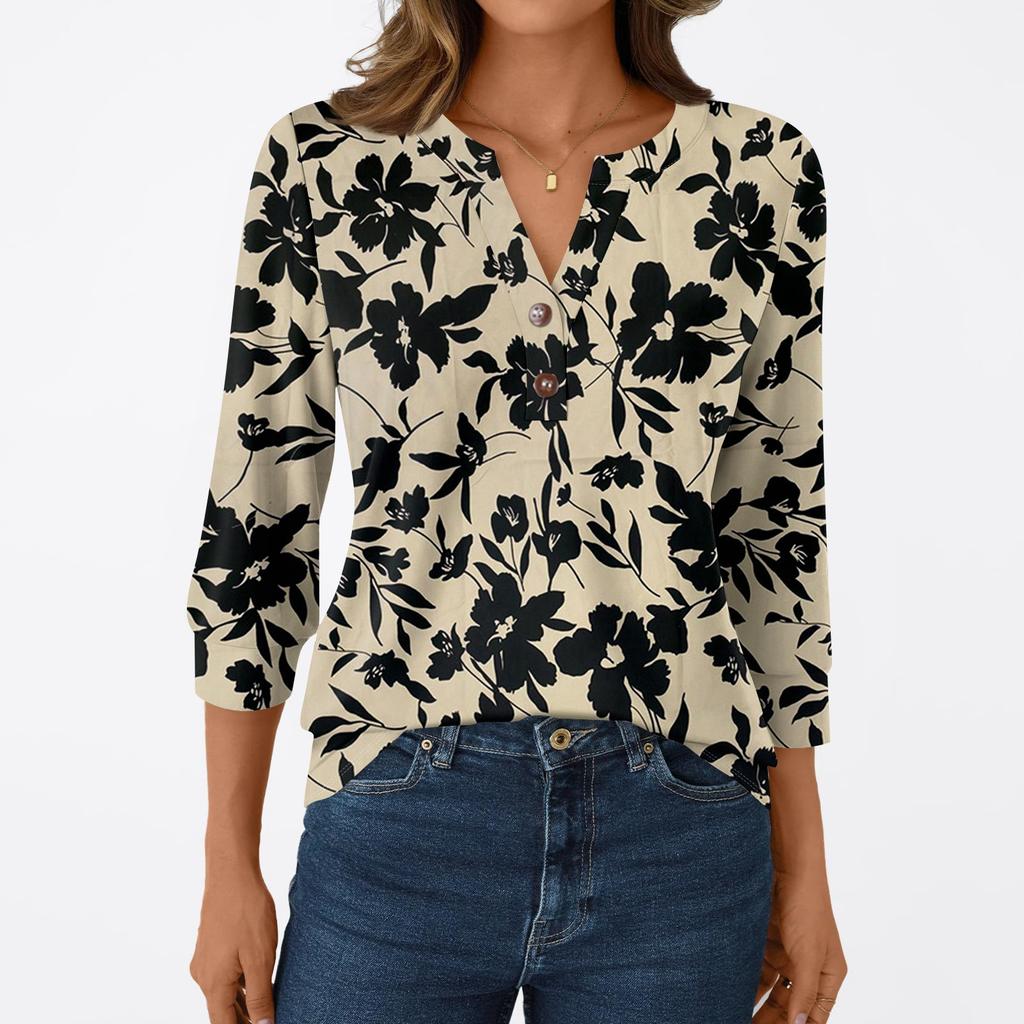 Женская модная повседневная футболка с рукавом 3/4, с принтами, V-образным вырезом и пуговицами