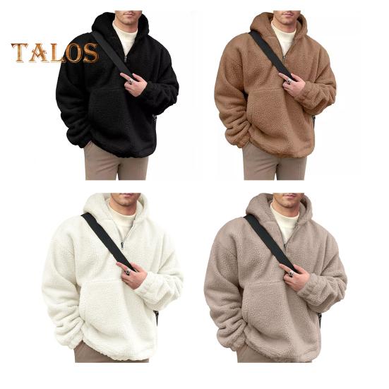 Зимняя мужская толстовка с капюшоном с большим передним карманом, двухсторонняя фланелевая куртка с полумолнией, свободный длинный рукав, термотоп с эластичными манжетами, повседневная толстовка с капюшоном