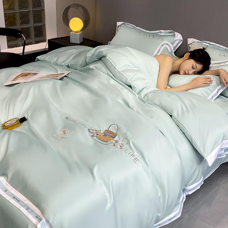 Комплект из четырех предметов из стираного шелка, высококачественное постельное белье из ледяного шелка, вышитое одеяло, покрывало, простыня, комплект из трех предметов