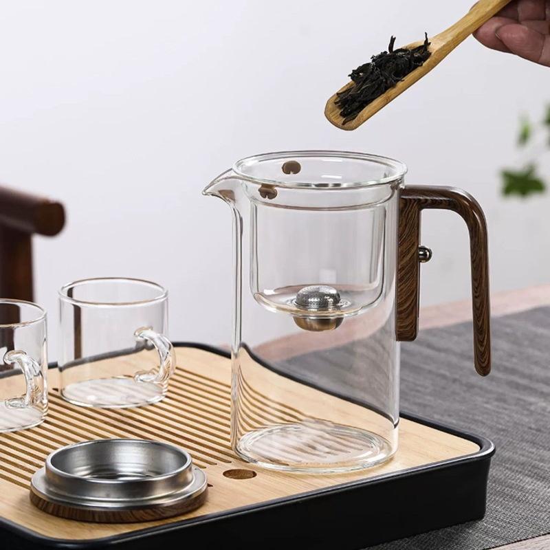 600/800ML Glass Teapot Water Separation Inner Container One Click Magnetic Switch Tea Pot with Wooden Handle Household Teaware