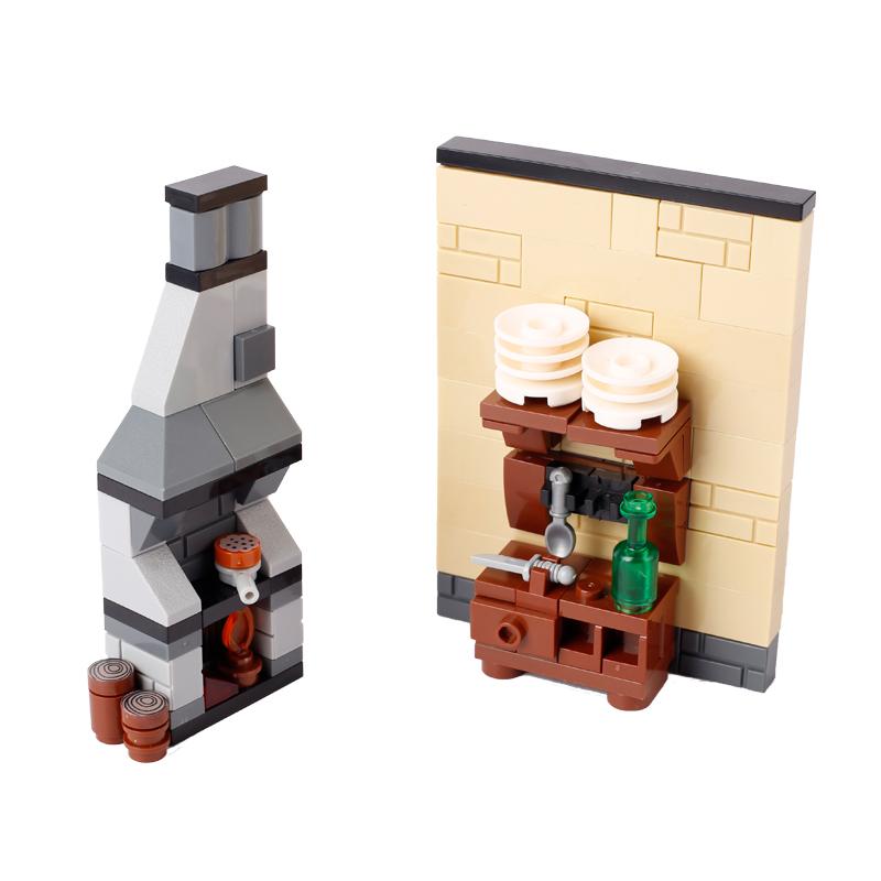 MOC Средневековая городская сцена Строительные блоки Доска объявлений Таверна Камин Костер Судейское место Вид улицы Кирпичная игрушка